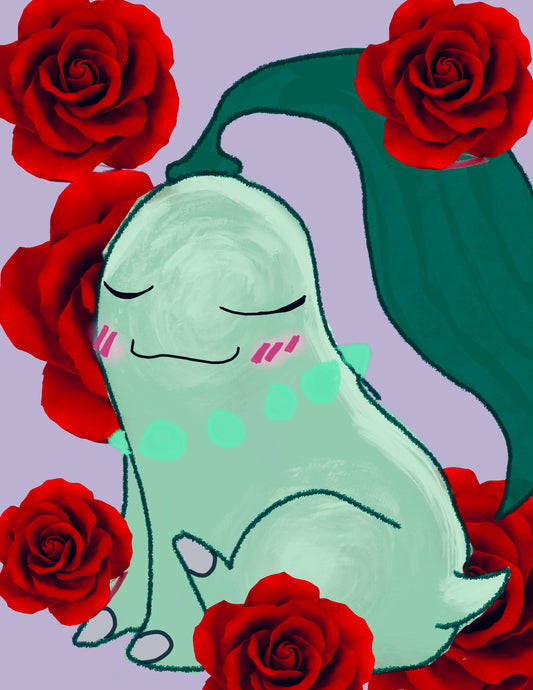 Chikorita Rose background print (Pokémon)